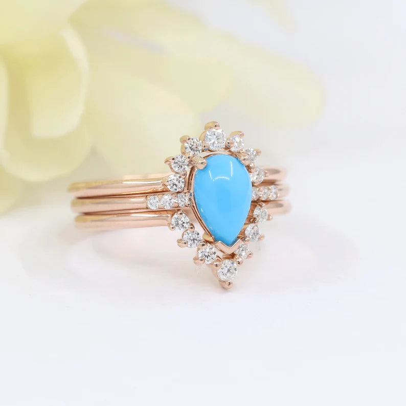 14K TURQUOISE RING DIAMOND CROWN U BNAD 3 RING SET