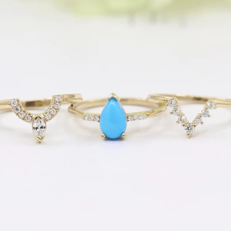 14K TURQUOISE RING MARQUISE DIAMOND U CROWN BAND 3 RING SET