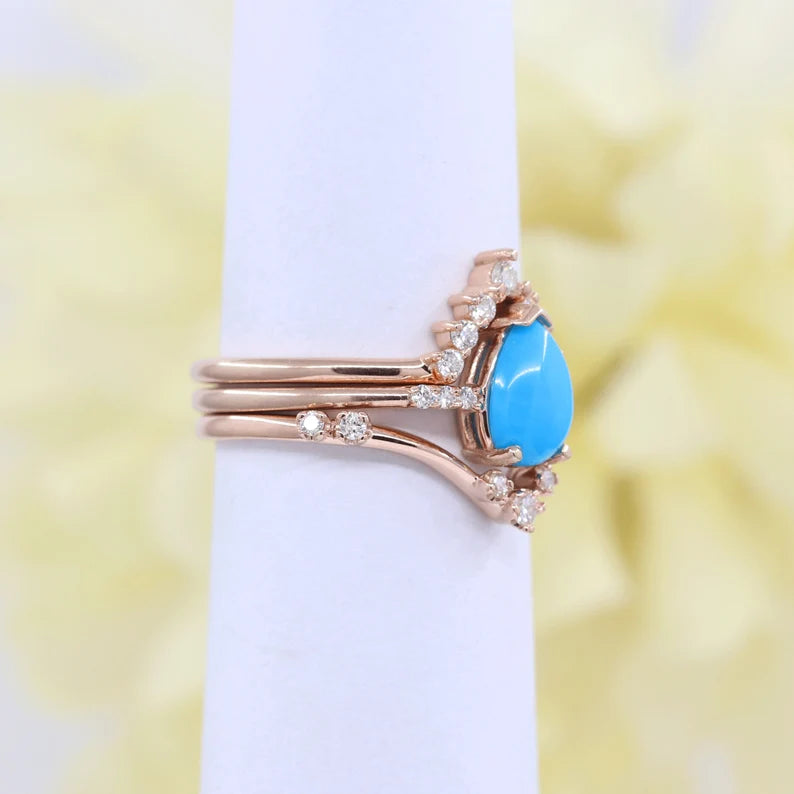 14K TURQUOISE RING DIAMOND CHEVRON BAND 3 RING SET