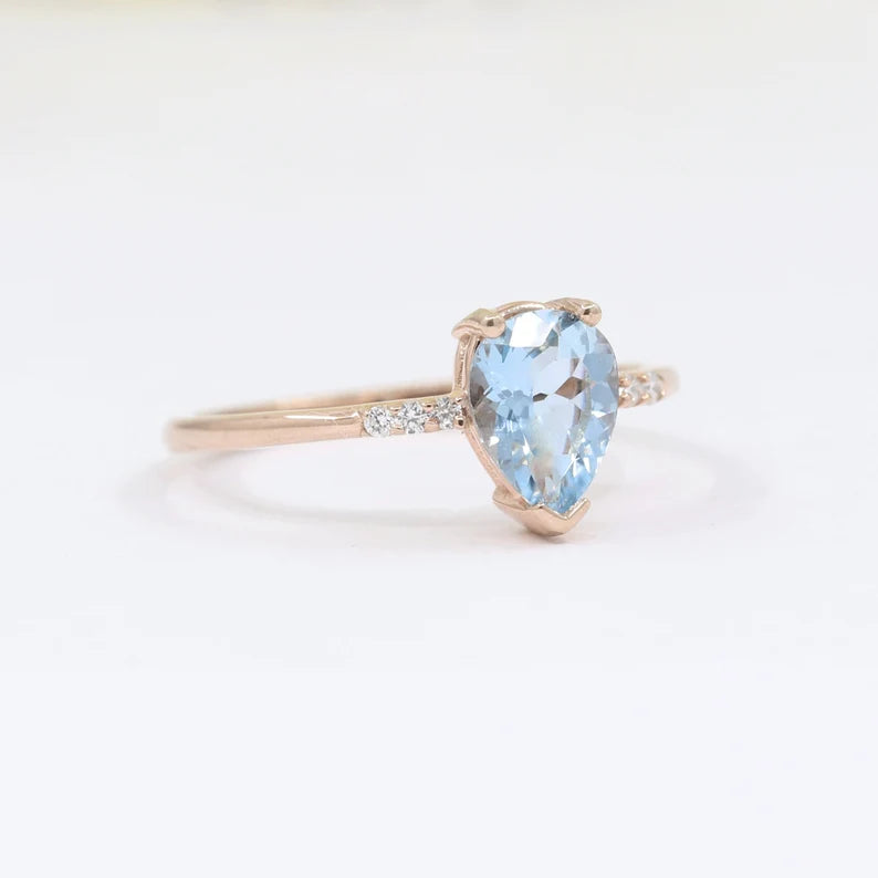 14K PEAR AQUAMARINE DIAMOND SOLITAIRE RING