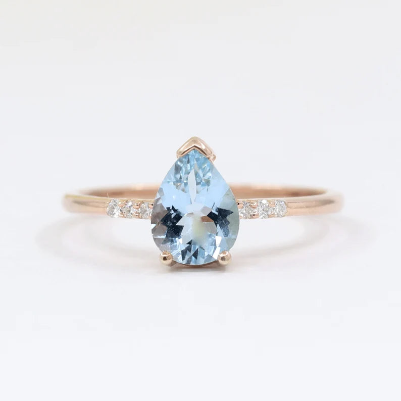 14K PEAR AQUAMARINE DIAMOND SOLITAIRE RING