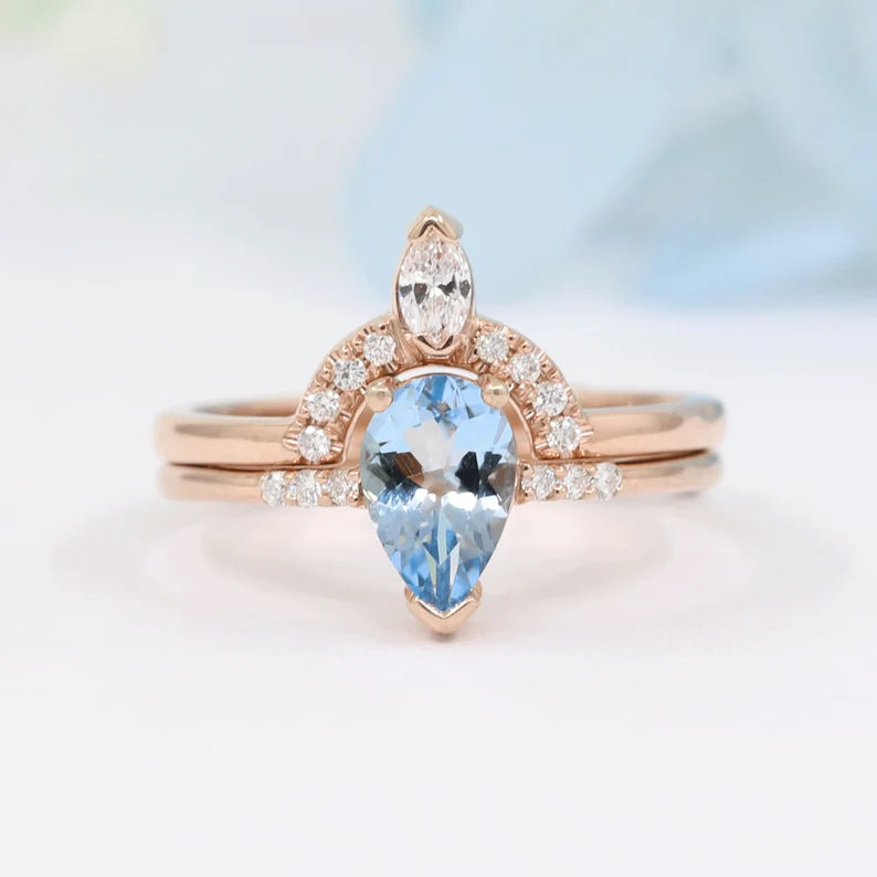 14K PEAR AQUAMARINE RING MARQUISE DIAMOND CROWN U BAND 2 RING SET