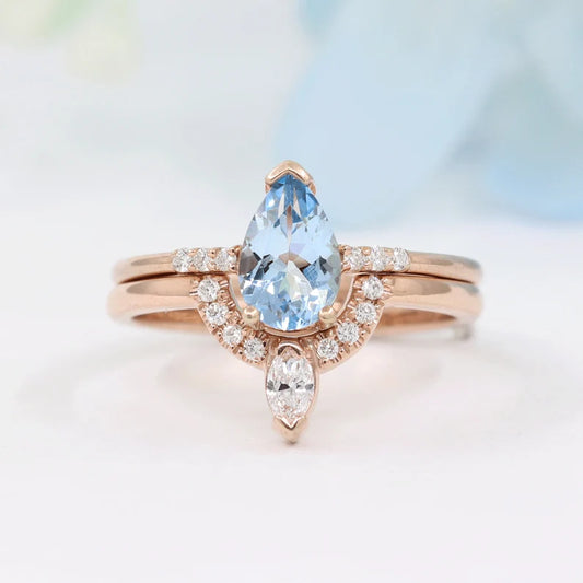 14K PEAR AQUAMARINE RING MARQUISE DIAMOND CROWN U BAND 2 RING SET