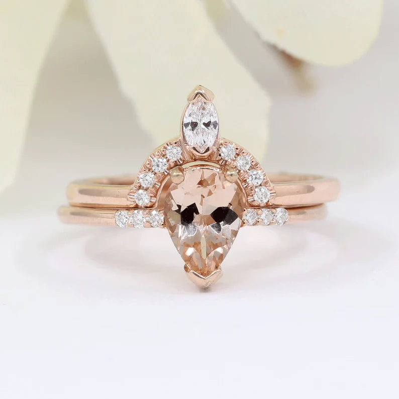 14K PEAR MORGANITE RING MARQUISE DIAMOND CROWN U BAND 2 RING SET