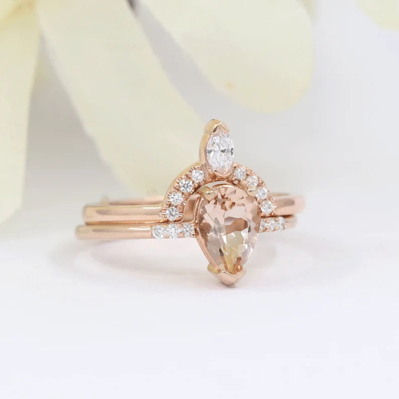 14K PEAR MORGANITE RING MARQUISE DIAMOND CROWN U BAND 2 RING SET