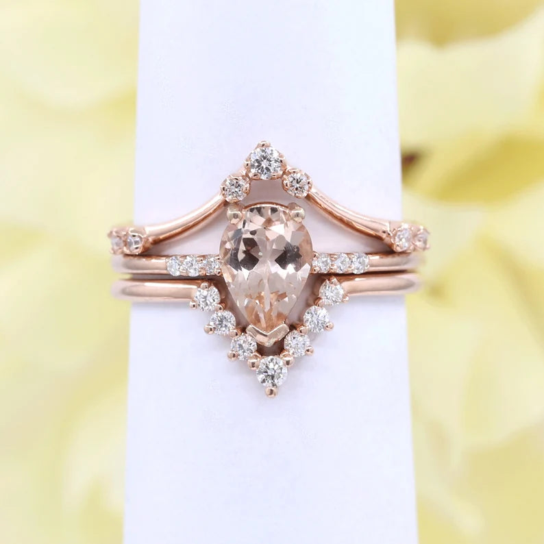 14K PEAR MORGANITE RING DIAMOND CHEVRON BAND 3 RING SET