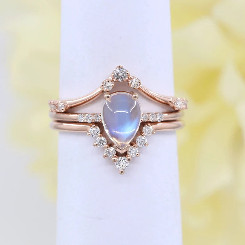 14K MOONSTONE RING DIAMOND CHEVRON BAND 3 RING SET