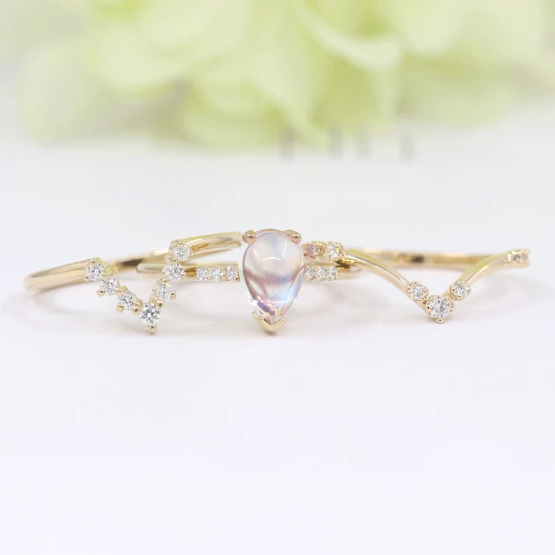 14K MOONSTONE RING DIAMOND CHEVRON BAND 3 RING SET