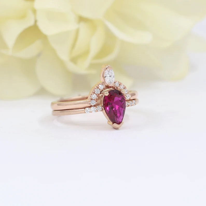 14K RUBY RING MARQUISE DIAMOND CROWN U BNAD 2 RING SET