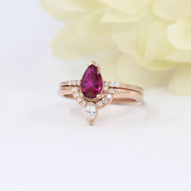 14K RUBY RING MARQUISE DIAMOND CROWN U BNAD 2 RING SET