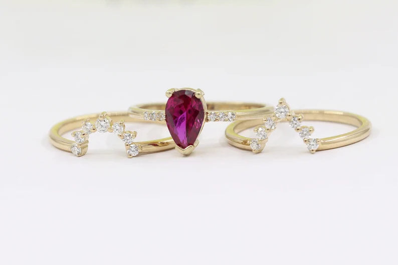 14K RUBY RING DIAMOND V BAND 3 RING SET