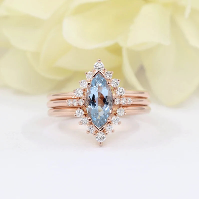 14K MARQUISE AQUAMARINE RING DIAMOND V BAND 3 RING SET