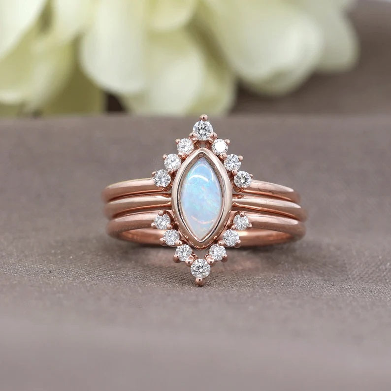 14K OPAL BEZEL DIAMOND V BAND 3 RING SET