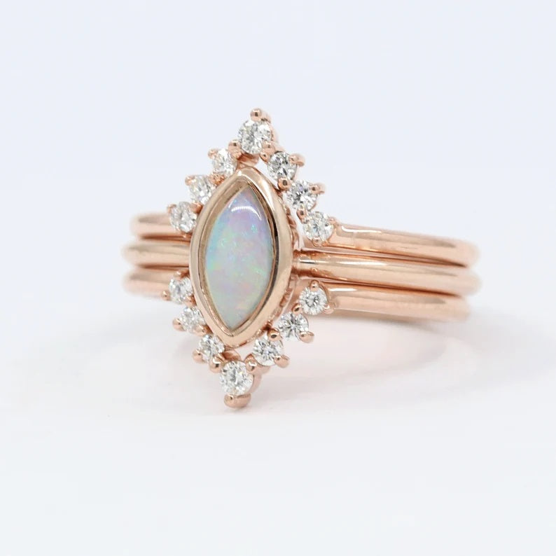 14K OPAL BEZEL DIAMOND V BAND 3 RING SET