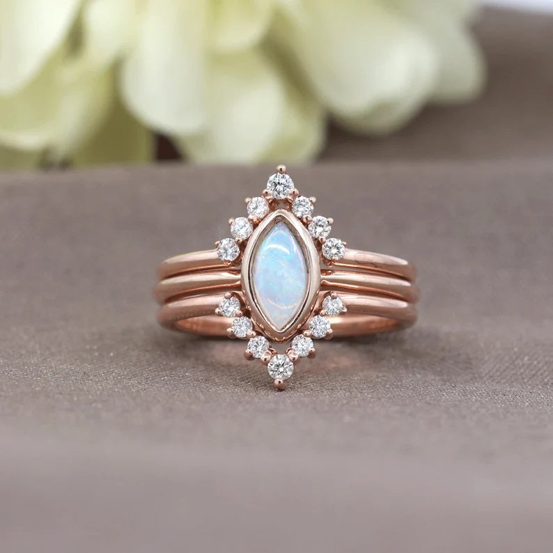 14K OPAL BEZEL DIAMOND V BAND 3 RING SET