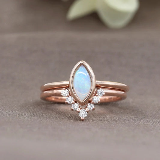 14K MARQUISE OPAL BEZEL DIAMOND V BAND 2 RING SET