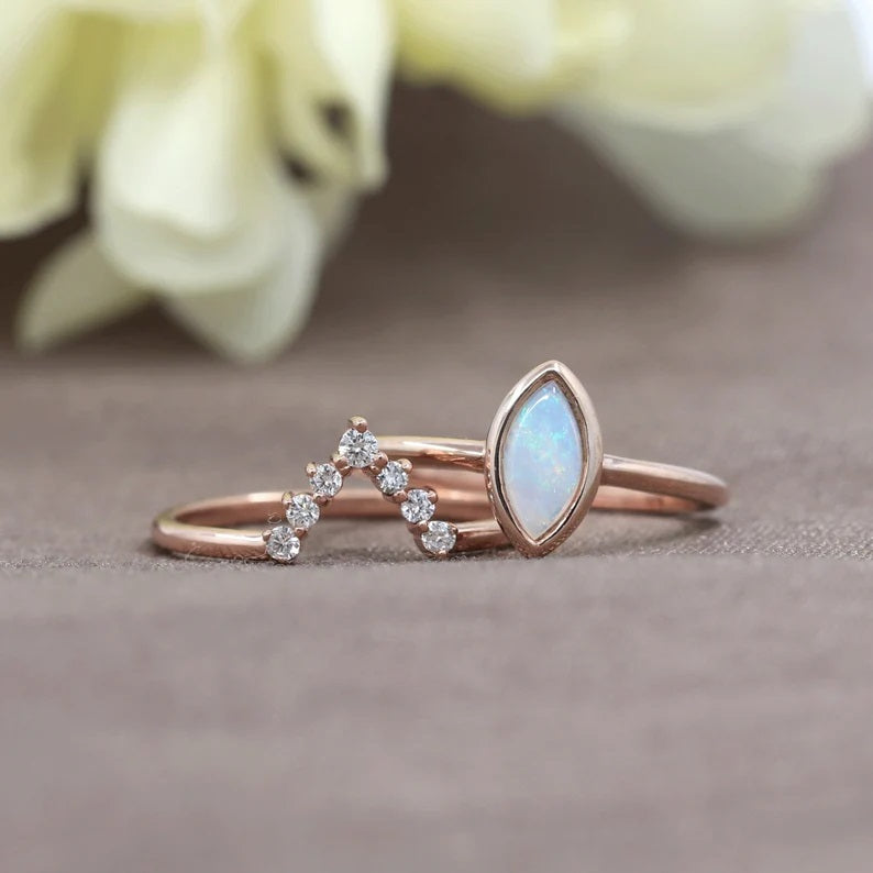 14K MARQUISE OPAL BEZEL DIAMOND V BAND 2 RING SET