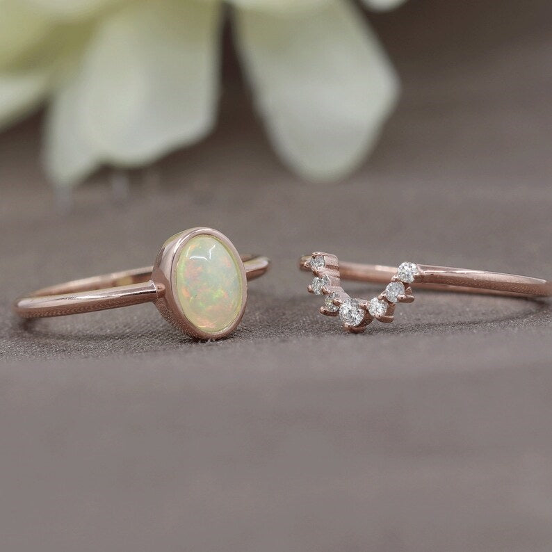 14K OPAL BEZEL DIAMOND CROWN BAND 2 RING SET