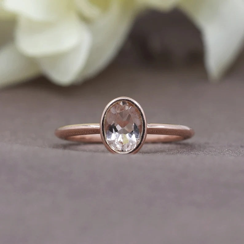 14K OVAL MORGANITE BEZEL SOLITAIRE RING