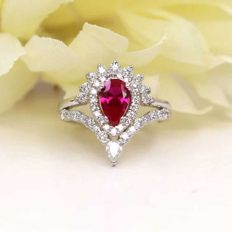 14K LAB RUBY DIAMOND HALO CHEVRON RING