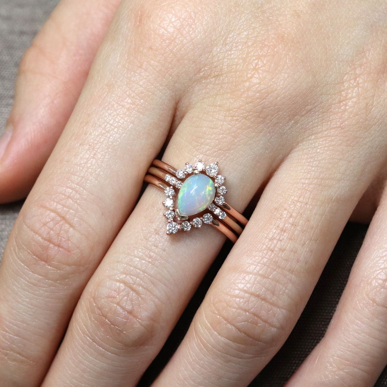 14K PEAR OPAL RING DIAMOND CROWN U BAND 3 RING SET