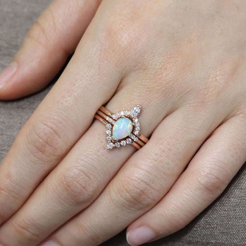 14K PEAR OPAL RING MARQUISE DIAMOND CROWN U BAND 3 RING SET