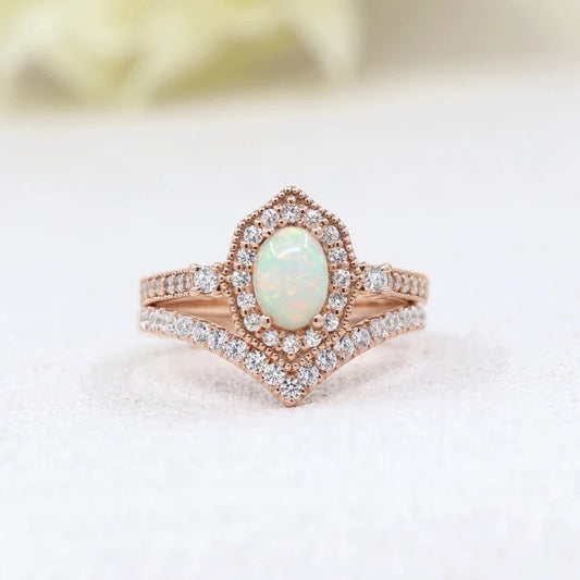 14K OPAL DIAMOND HALO CURVED BAND VINTAGE STYLE 2 RING SET