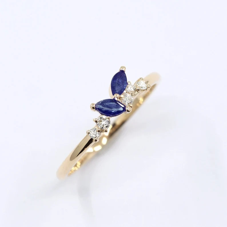 14K 2 MARQUISE SAPPHIRE DIAMOND CLUSTER BAND