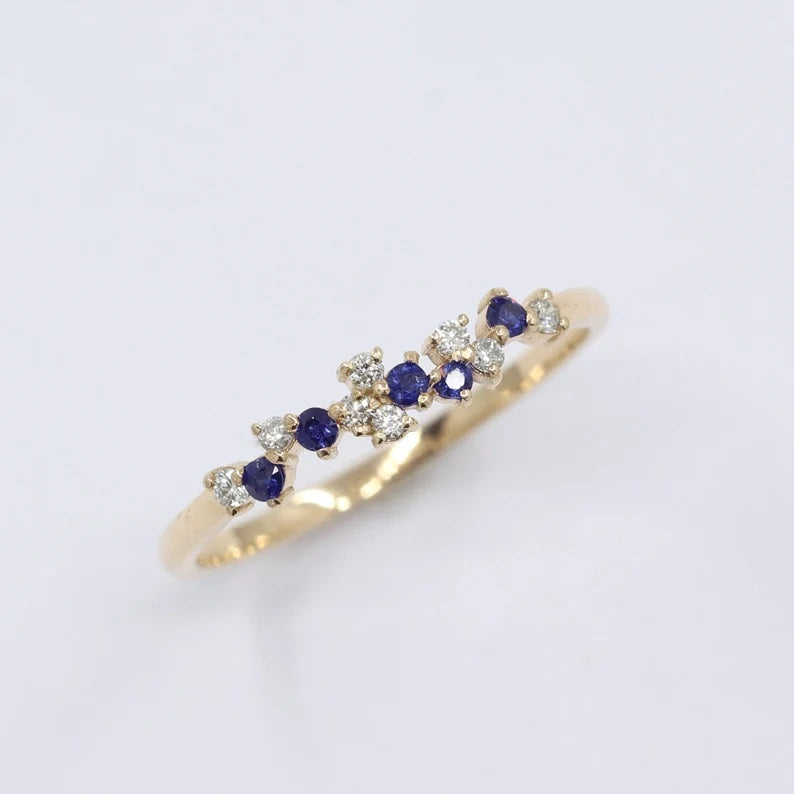 14K SAPPHIRE DIAMOND CLUSTER BAND