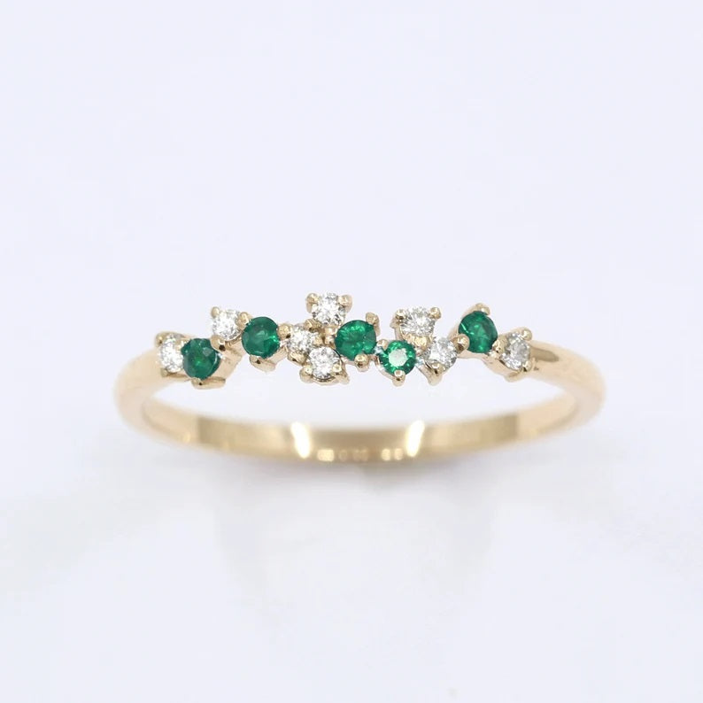 14K EMERALD DIAMOND CLUSTER BAND