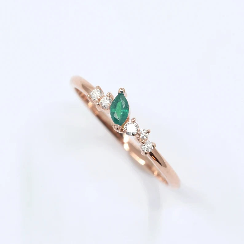 14K 1 MARQUISE EMERALD DIAMOND CLUSTER BAND