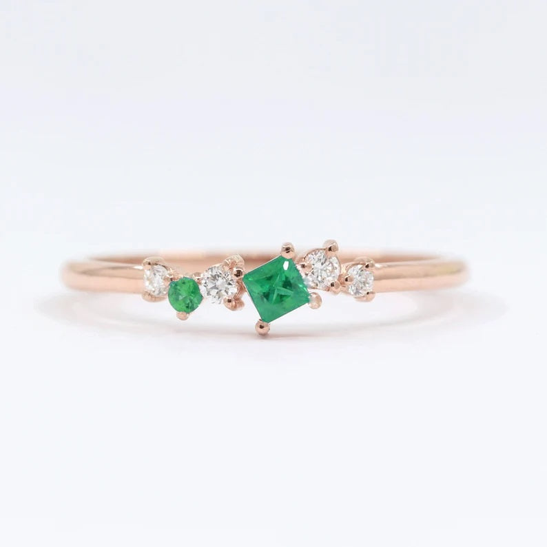 14K SQUARE EMERALD DIAMOND CLUSTER BAND