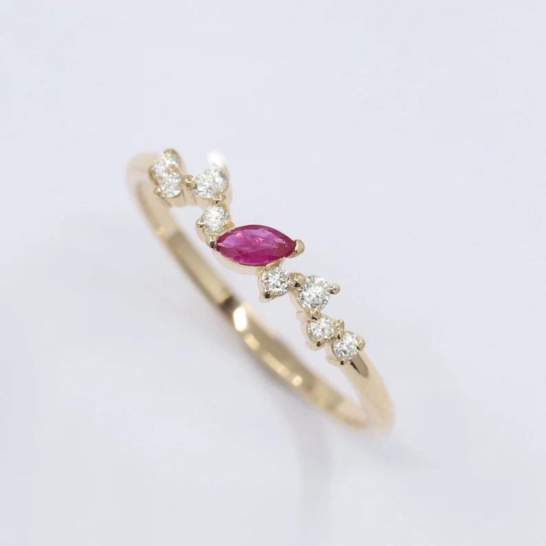 14K MARQUISE RUBY DIAMOND CLUSTER BAND