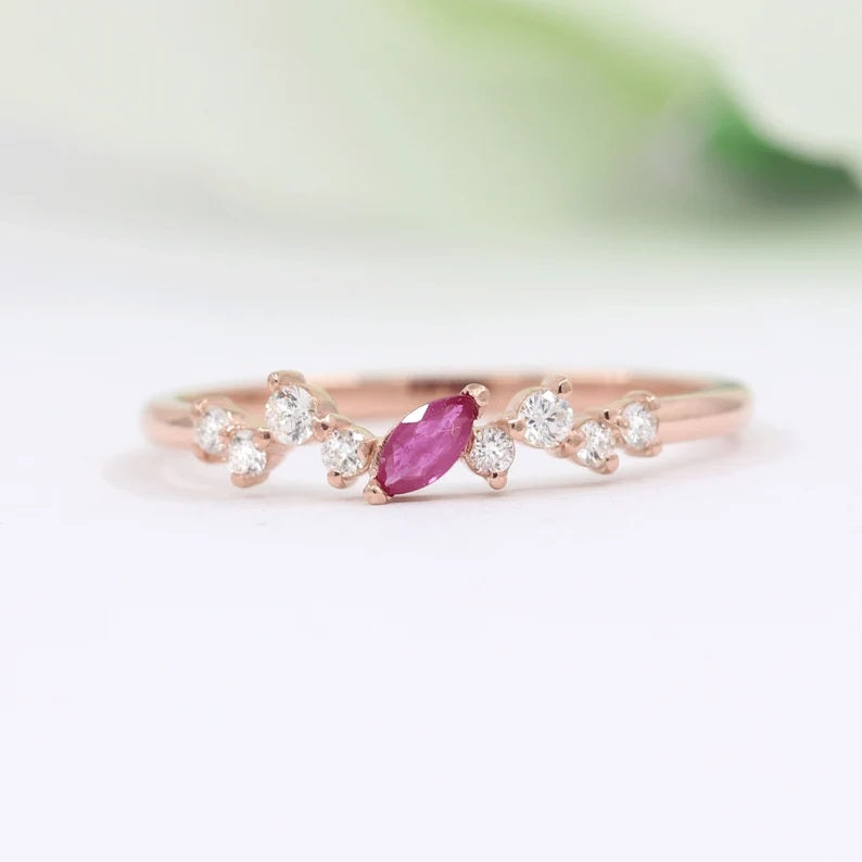 14K MARQUISE RUBY DIAMOND CLUSTER BAND