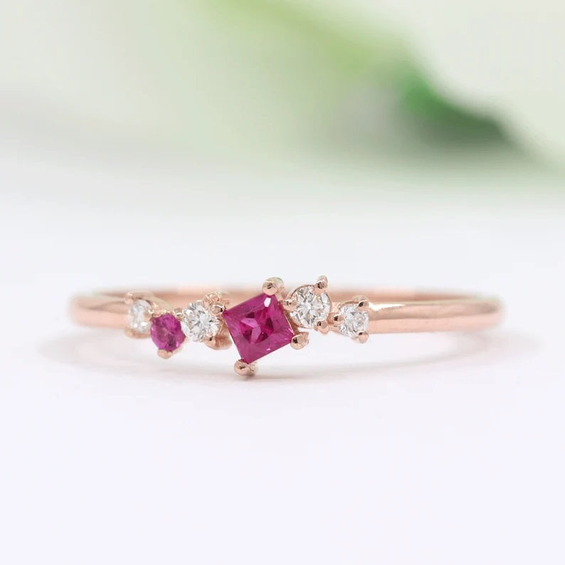 14K SQUARE RUBY DIAMOND CLUSTER BAND