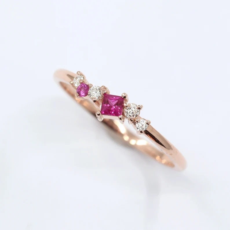14K SQUARE RUBY DIAMOND CLUSTER BAND