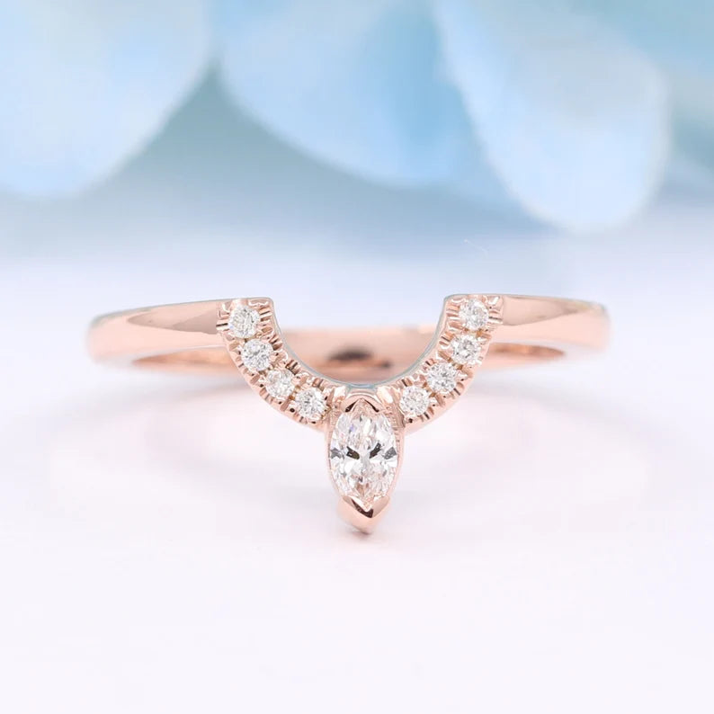 14K MOONSTONE RING MARQUISE DIAMOND CROWN U BAND 2 RING SET