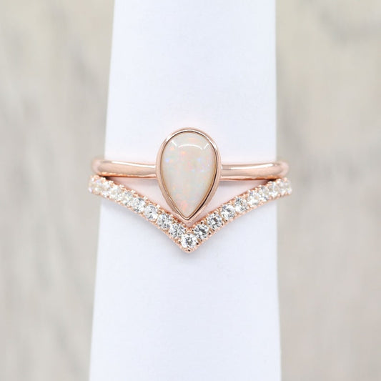 14K PEAR OPAL BEZEL RING DIAMOND CHEVRON BAND 2 RING SET