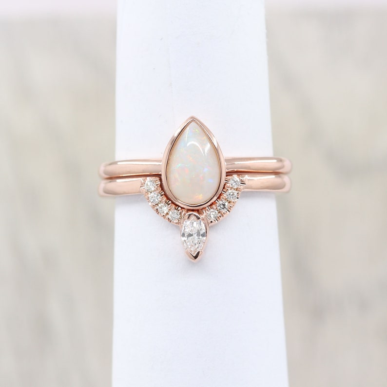 14K PEAR OPAL BEZEL RING DIAMOND U BAND 3 RING SET