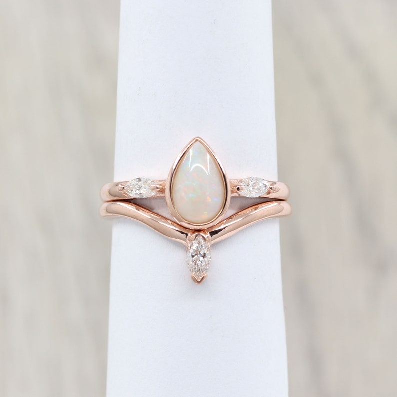 14K PEAR OPAL BEZEL RING MARQUISE DIAMOND CURVE BAND 3 RING SET