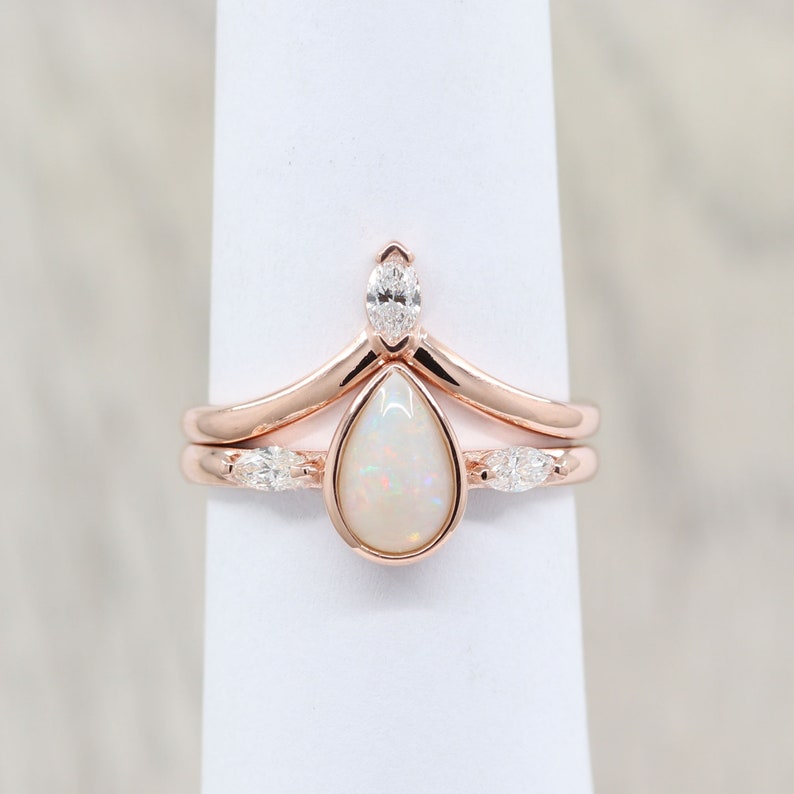 14K PEAR OPAL BEZEL RING MARQUISE DIAMOND CURVE BAND 3 RING SET