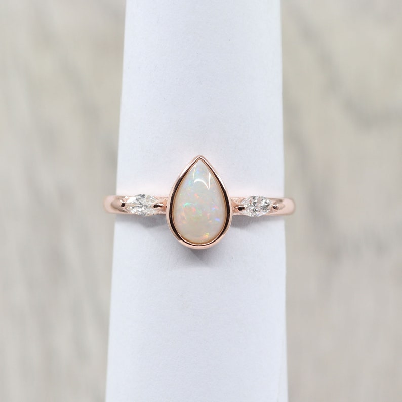 14K PEAR OPAL BEZEL RING MARQUISE DIAMOND CURVE BAND 3 RING SET