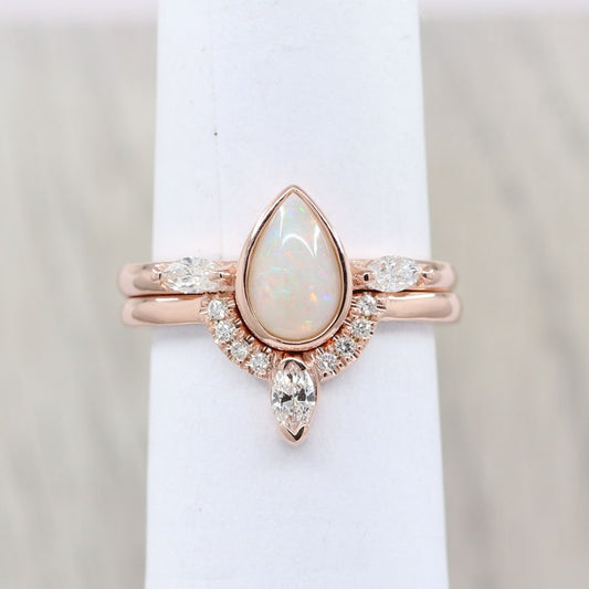 14K PEAR OPAL BEZEL RING DIAMOND U BAND 2 RING SET