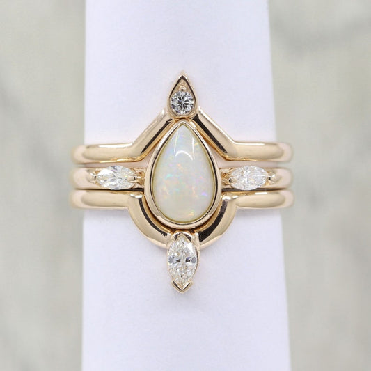 14K PEAR OPAL BEZEL RING DIAMOND V BAND 3 RING SET