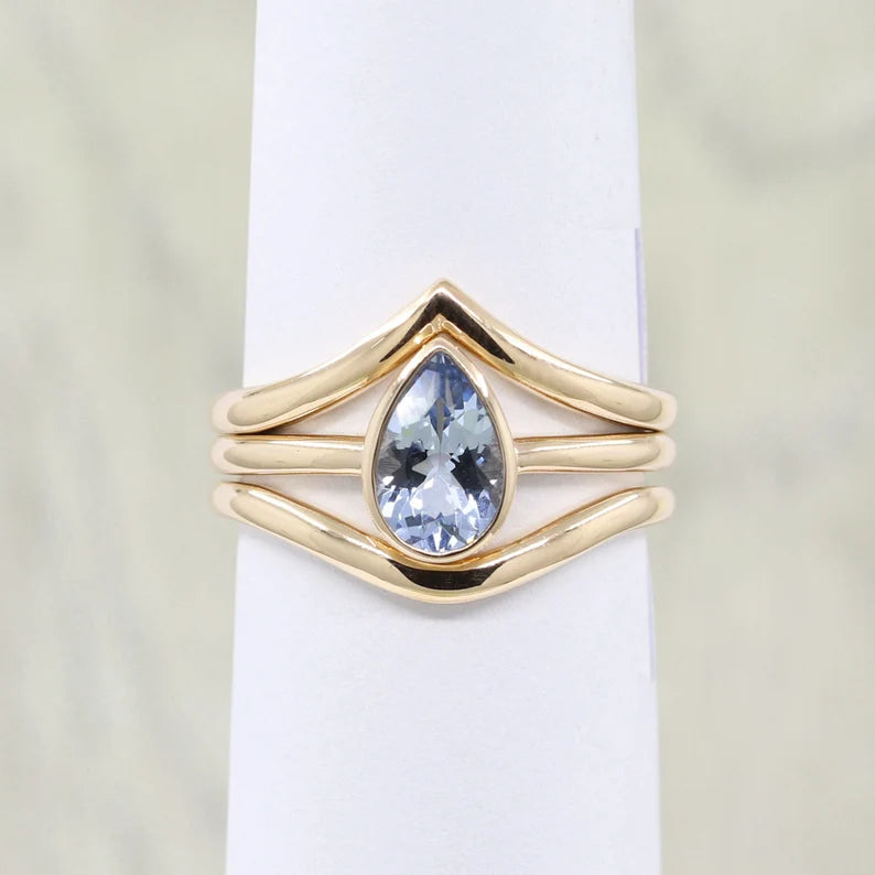 14K PEAR AQUAMARINE BEZEL RING PLAIN BAND 3 RING SET