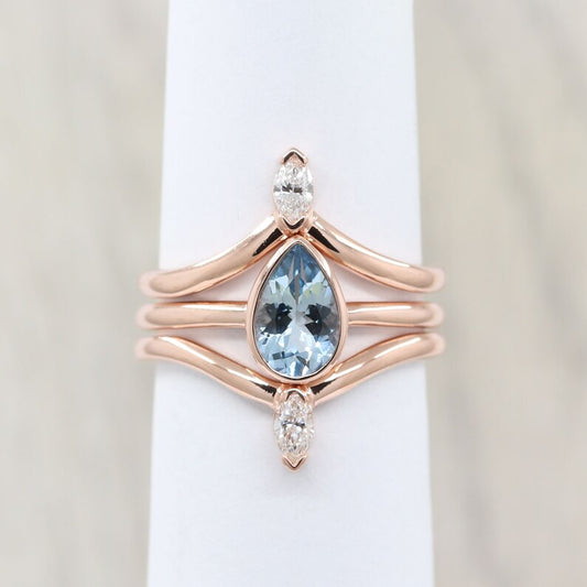 14K PEAR AQUAMARINE BEZEL RING DIAMOND CHEVRON BAND 3 RING SET