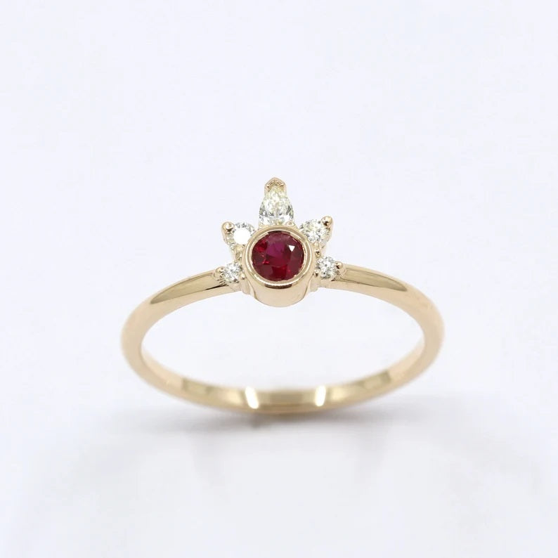 14K RUBY BEZEL DIAMOND CROWN RING