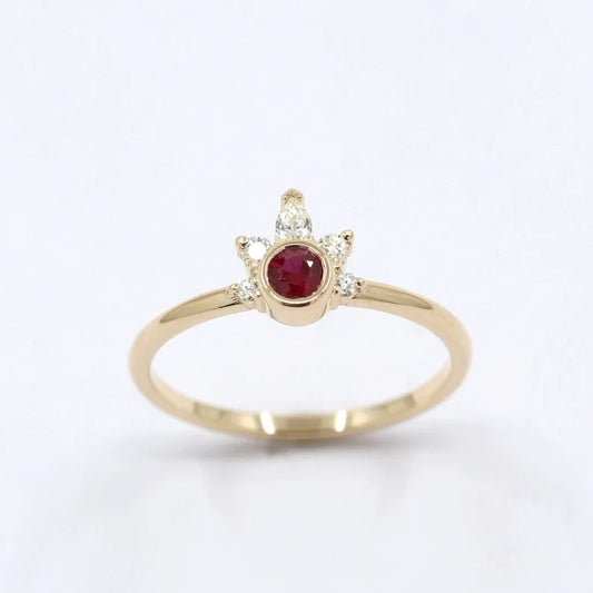 14K RUBY BEZEL DIAMOND CROWN RING