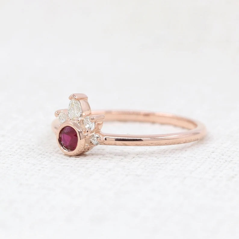 14K RUBY BEZEL DIAMOND CROWN RING