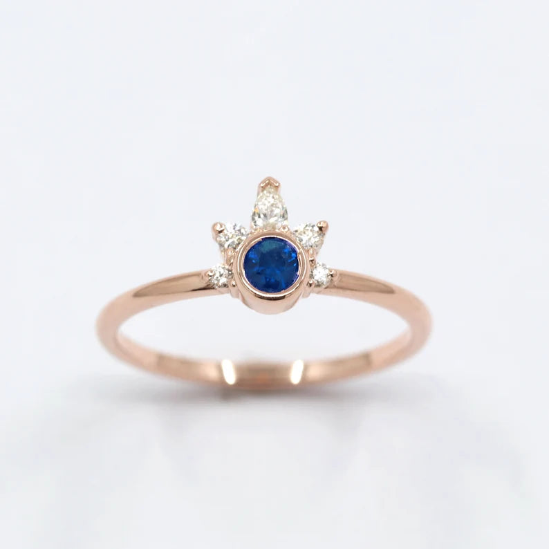 14K SAPPHIRE BEZEL DIAMOND CROWN RING